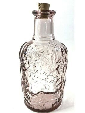 Libbey Canada Pink Glass Bottle With Cork - Embossed Maple Leaves Vintage 1980s
